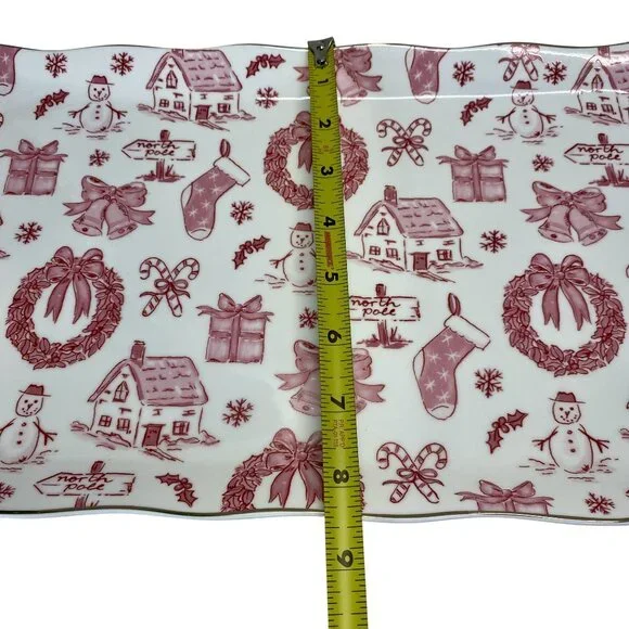 Christmas Toile Pattern Serving Tray Vintage Retro Ceramic Platter with Handles - Picture 3 of 7